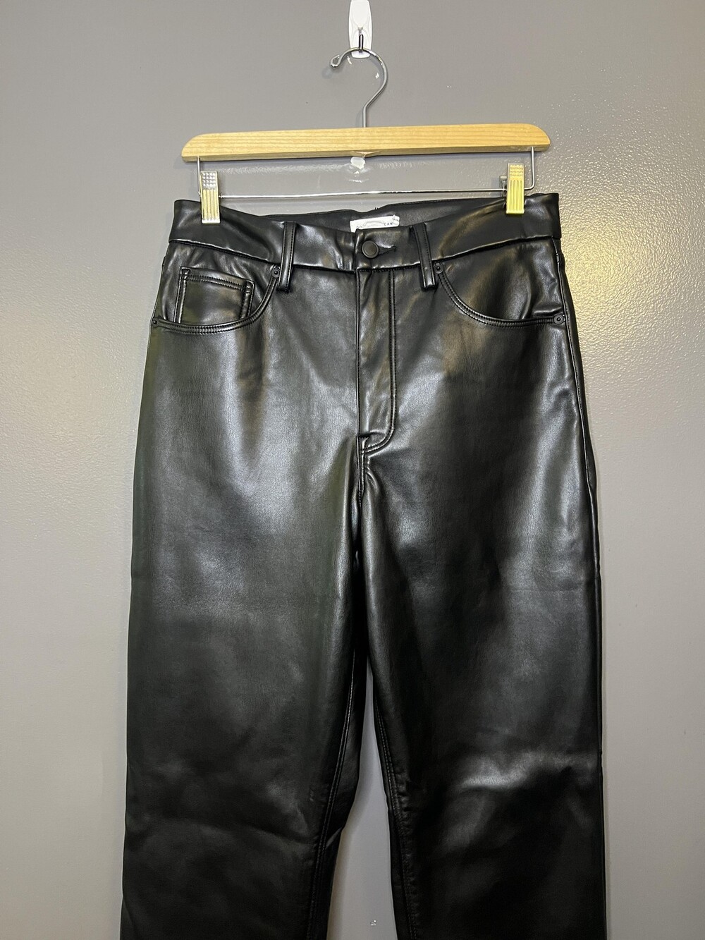 Good American Pants Womens 10/30 Black Faux Leather High Rise Slim Straight Leg